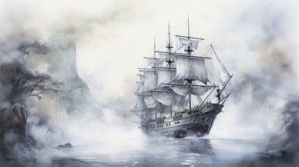 Fototapeta premium Ghostly ship, sailing through mist, gothic adventure, Watercolor style