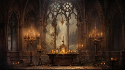 Fototapeta premium Candle-lit gothic altar, shrouded in mystery, ancient church, Watercolor style