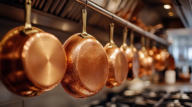 array of polished copper cookware with classic designs, hanging from a pot rack, adding a touch of elegance and tradition to the kitchen decor.