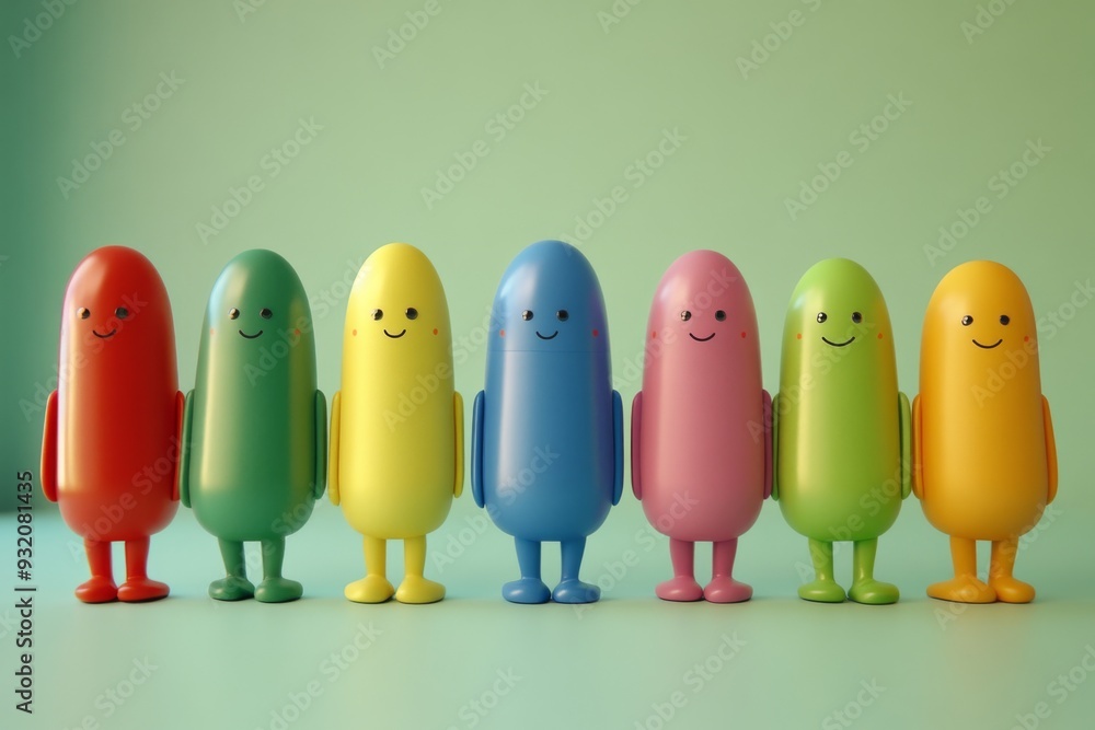 Poster colorful and cheerful capsule characters in a line on a green background representing friendship and