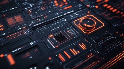 Obraz premium Futuristic black digital interface with abstract design elements and neon accents, sleek and high-tech.