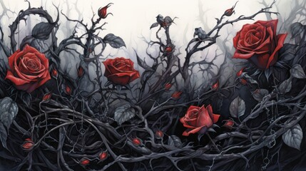 A bouquet of roses is hanging from a tree branch