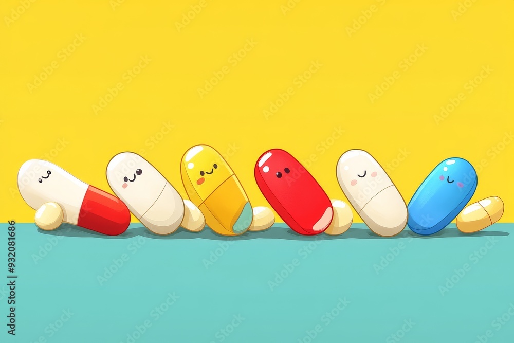 Poster playful and cheerful capsules in a fun pattern on a yellow background representing joy and energy in