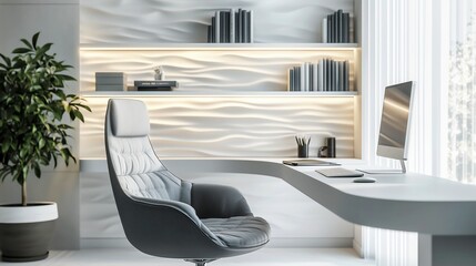 Modern interior study space with white and grey tones, featuring a curved desk and sleek design elements, perfect for contemporary work environments.

