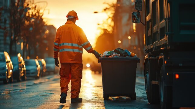 sanitation worker emptying trash bins into a garbage truck, illustrating the process of waste collection and urban cleanliness.
