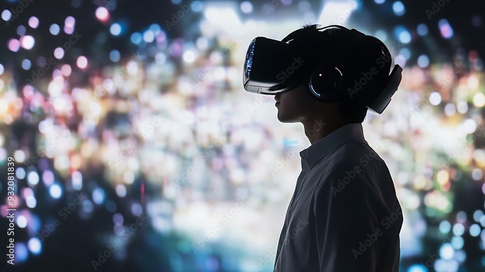 Poster a high-tech virtual reality lab with immersive simulations and digital interface design