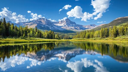 Fototapeta premium Majestic mountain peaks reflected in a serene lake with vibrant green forests and clear blue skies breathtaking nature wonder