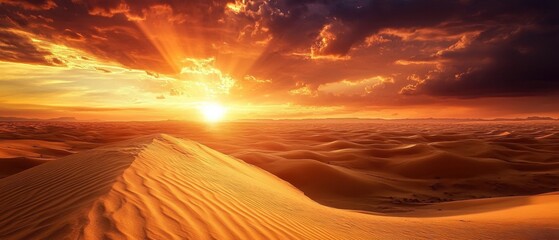 Vast desert landscape with golden dunes stretching to the horizon under a dramatic sunset sky highlighting nature's beauty