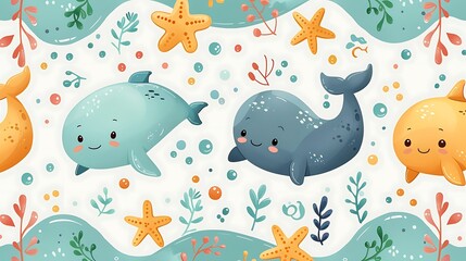 A seamless pattern of cute cartoon whales, dolphins, and starfish playing together in the ocean, surrounded by coral and gentle waves, bright and vibrant colors, detailed water textures,