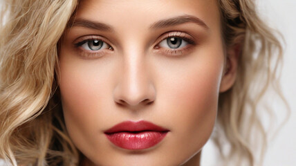 Fototapeta premium Close up studio portrait of natural beautiful woman with natural make up on the white background