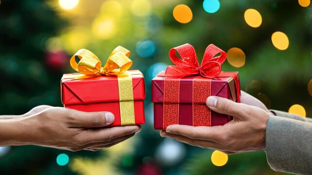 Hands hold vibrant gifts adorned with ribbons, symbolizing joy and generosity during the holiday season