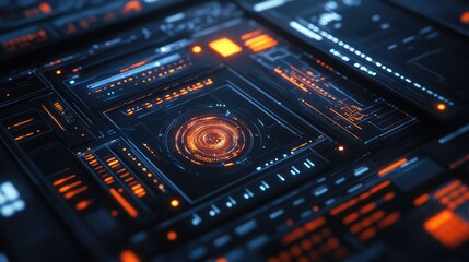 Obraz premium Minimalistic black digital interface with abstract and modern design elements, glowing tech-inspired patterns.