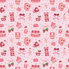 Coquette Aesthetic Desserts and Drinks on Pastel Pink Seamless Pattern Design