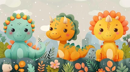 A seamless pattern of friendly cartoon dinosaurs like T-Rex, Triceratops, and Stegosaurus in a prehistoric landscape, earthy tones, playful dinosaur poses, rocky textures, light mist, hd quality,