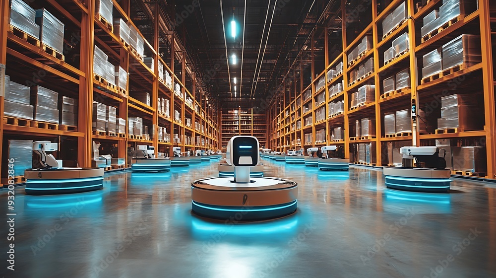 Poster a high-tech warehouse featuring automated robots and digital inventory management systems.