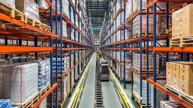 A high-tech warehouse featuring automated robots and digital inventory management systems.