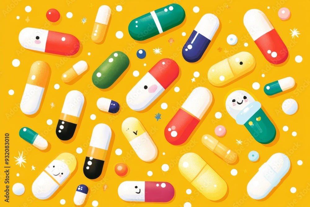 Poster colorful and playful capsule characters in a fun pattern on a yellow background representing joy and