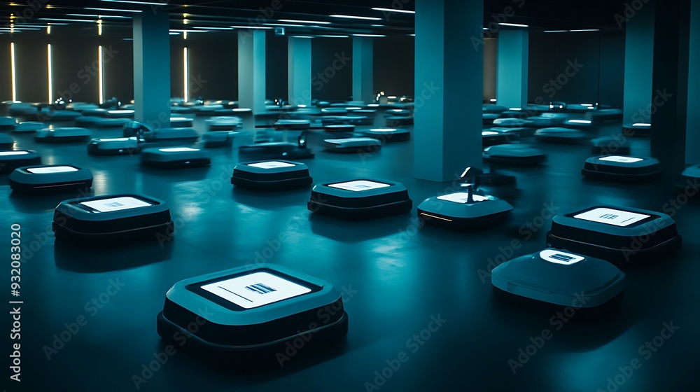 Aufkleber a high-tech warehouse with automated robots and digital inventory management