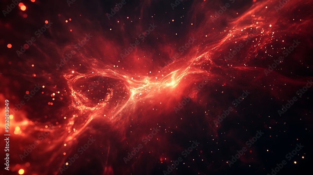 Aufkleber cosmic ruby nebula: abstract 3d render of deep red light burst in a dark navy cosmic void with blurr