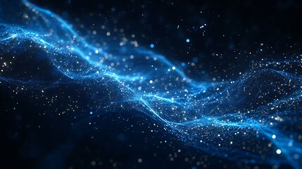 Fototapeta premium Celestial Burst of Intense Blue Light - Abstract 3D Illustration of Galactic Explosion with Sparkling Particles and Azure Lines in Dark Space Background