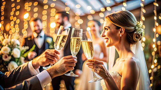 Elegant champagne flutes clink together amidst a blurred background of joyful celebrations, capturing the magical moment of a wedding toast in a romantic ambiance.