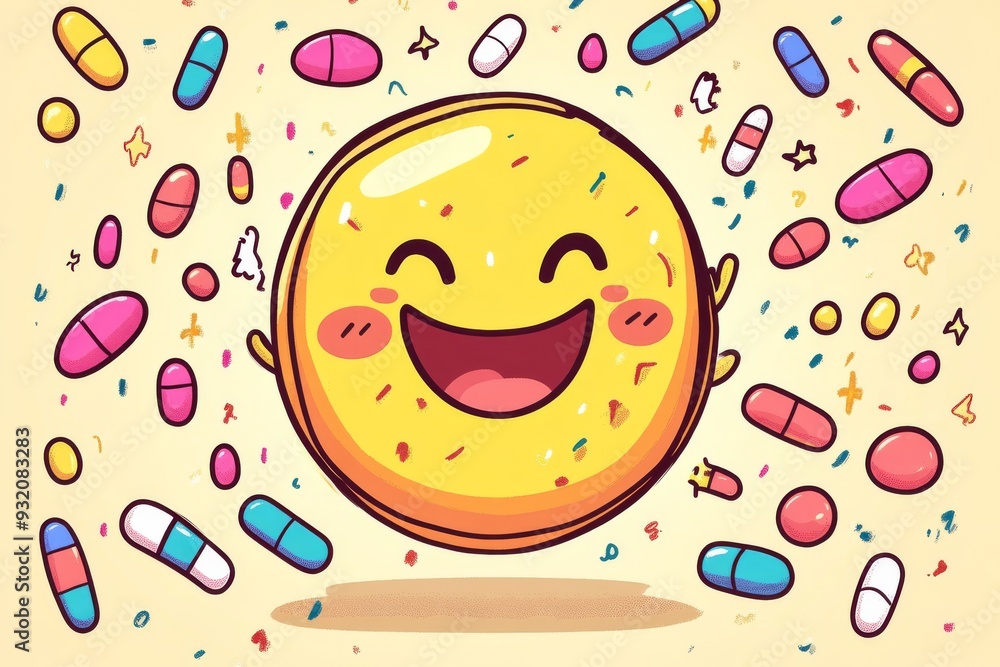 Poster cheerful yellow smiley face surrounded by colorful capsules in a playful setting representing positi
