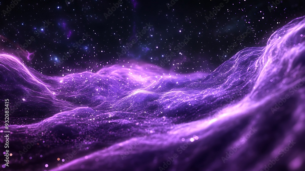 Aufkleber cosmic nebula dream - glowing lavender light waves in abstract 3d render with twinkling effect on da