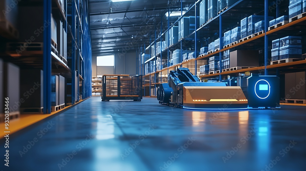Poster a high-tech warehouse with automated robots and digital inventory management