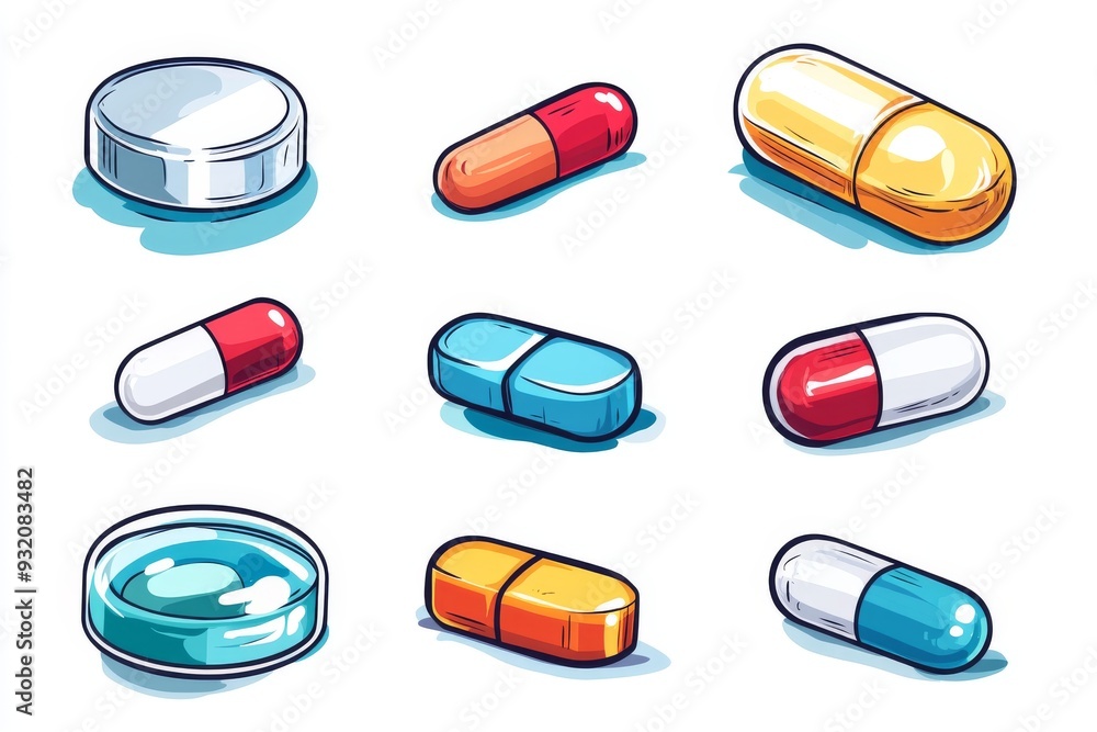 Poster vibrant and playful capsule icons in a fun pattern on a white background representing creativity and