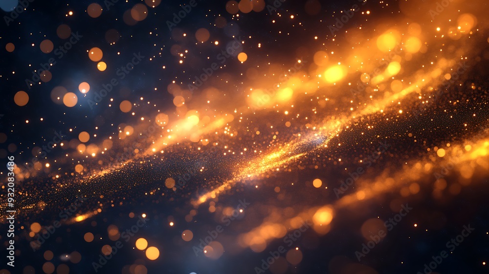 Poster cosmic illumination - abstract 3d render of luminous amber light bursts and golden trails in galacti
