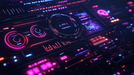 Sleek black digital interface with abstract and dynamic design elements, glowing neon details.