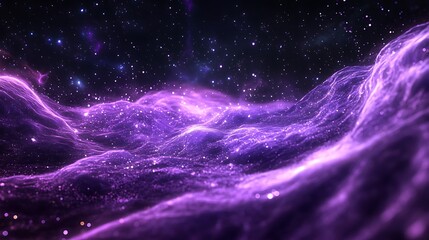 Fototapeta premium Cosmic Nebula Dream - Glowing Lavender Light Waves in Abstract 3D Render with Twinkling Effect on Dark Background