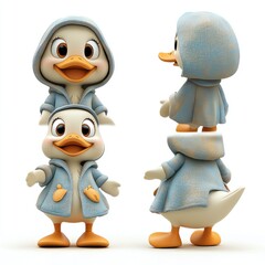 Fototapeta premium A cute cartoon duck character wearing a blue hoodie, shown from multiple angles.