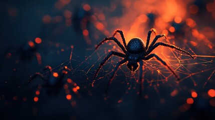 close-up of a spider on its web, dramatically lit by an orange glow, creating a mysterious atmosphere