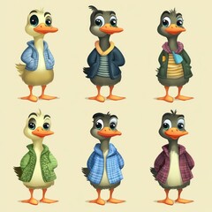 Fototapeta premium A collection of cartoon ducks in various outfits and poses.