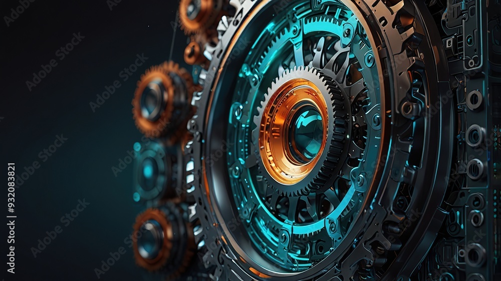 Poster a mechanical background with a variety of interconnected gears pulleys and chains illustrating