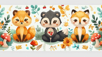 A seamless pattern of playful cartoon bears and foxes gathering berries in a forest, with owls perched on branches, surrounded by mushrooms and foliage, warm earthy tones, soft shadows, hd quality,