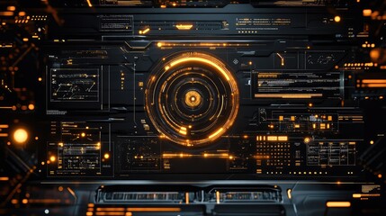 Fototapeta premium Abstract black digital interface with sleek design elements, glowing lines, and futuristic patterns.
