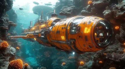 bioluminescent underwater mechanic workshop merfolk repairing futuristic submarines using tools made from glowing coral and sea creatures