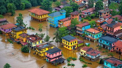 Aerial view of flooded homes and buildings in a neighborhood