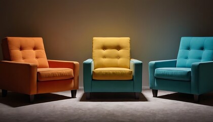 Yellow classic tufted chair among orange chairs are standing in an empty room with copy space.Orange walls and floor parquet oak Herringbone. Digital illustration. 3d rendering mock up4