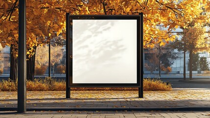 A blank billboard stands in an urban park during autumn, surrounded by vibrant yellow foliage and fallen leaves.