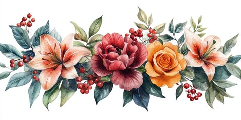 Watercolor Floral Arrangement with Lilies, Rose, Peony, and Berries