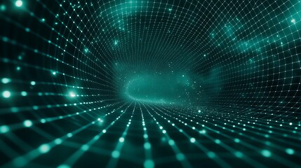 Obraz premium Futuristic Digital Grid Patterns with Drifting Stars in Deep Teal Background