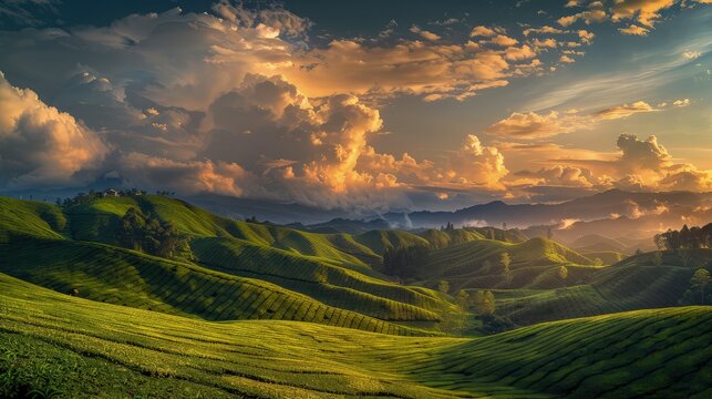 Early morning light casting a golden hue over rolling hills of a tea plantation, with fluffy, dramatic clouds in the sky.