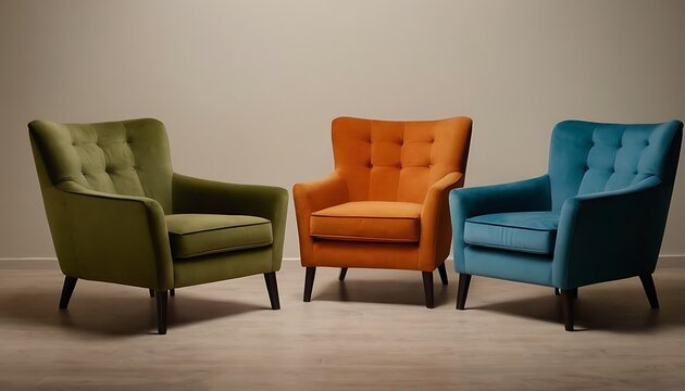 Yellow classic tufted chair among orange chairs are standing in an empty room with copy space.Orange walls and floor parquet oak Herringbone. Digital illustration. 3d rendering mock up1