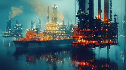A brightly lit offshore oil platform and a tanker ship in a bustling industrial setting at night, with surrounding oil refineries glowing under the evening sky, highlighting the energy and oil indust