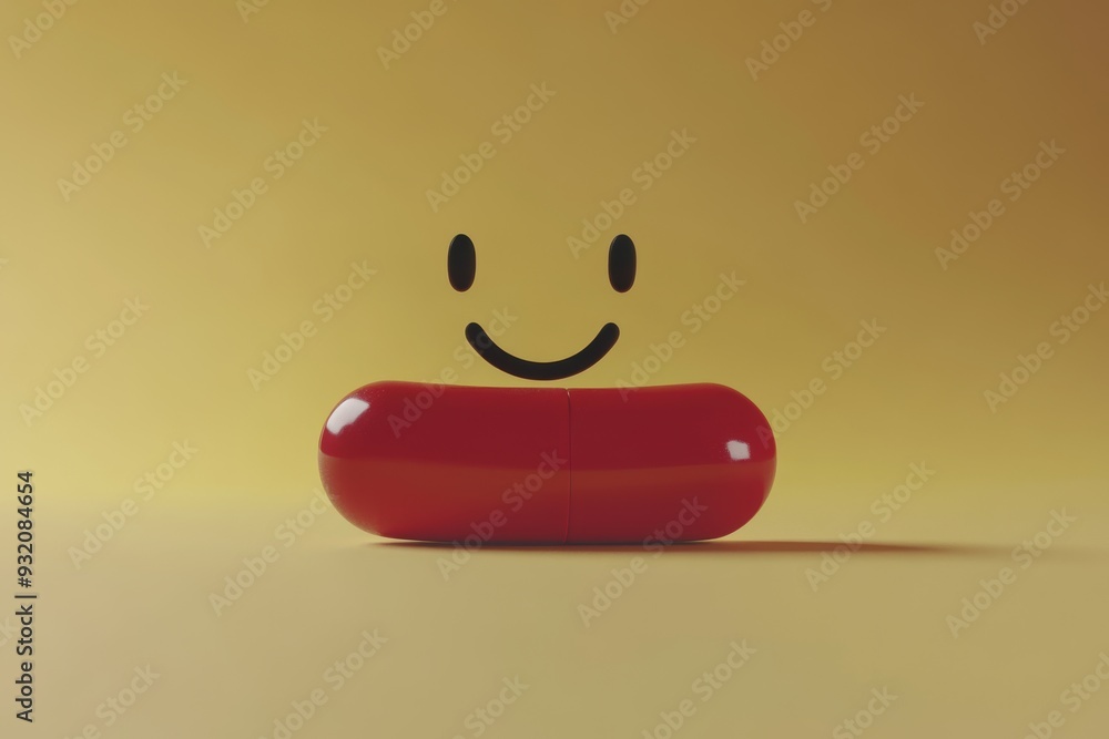 Poster minimalist red capsule character with a smile on a soft yellow background representing simplicity an