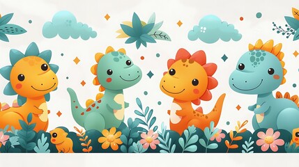 Naklejka premium A seamless pattern of playful cartoon dinosaurs, including T-Rex and Stegosaurus, in a vibrant prehistoric landscape, bright colors, rocky textures, dynamic poses, light mist, hd quality,