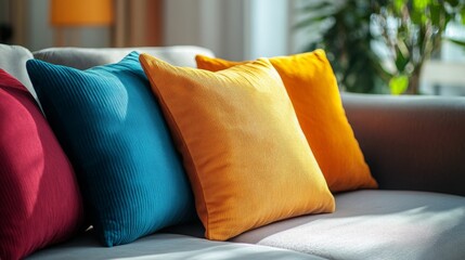 Lively, colorful pillows adorn a contemporary gray sofa in a sunlit living room, enhancing the space with a cozy and inviting feel